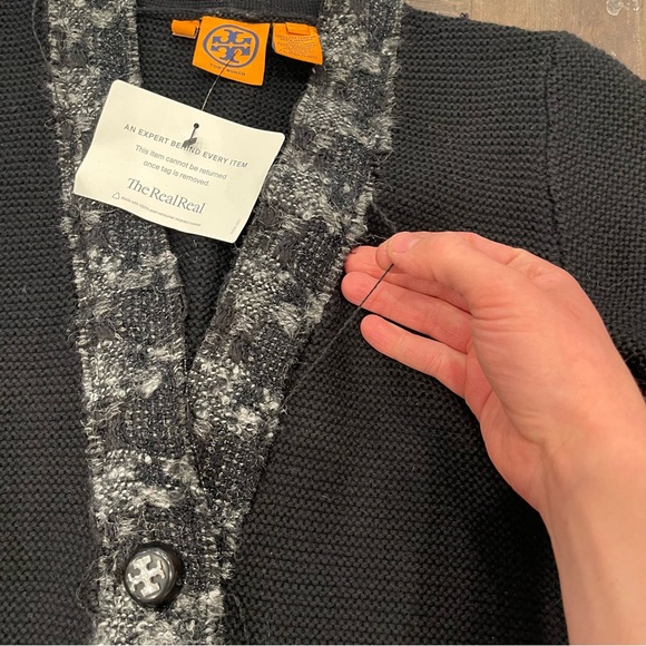 Tory Burch Black Cardigan Sweater with V-neck and Floral Trim - Picture 8 of 14